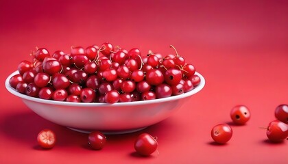 Cranberries isolated on white bowl, vermilion red background 