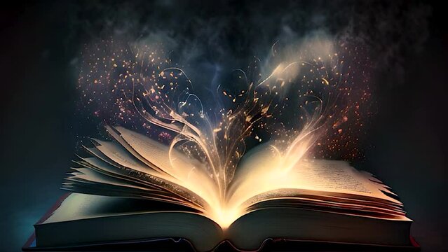 Magic book with open antique pages and abstract bokeh lights glowing on dark background. Generative AI, magical.