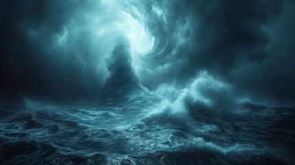 a tornado storm in the ocean lit by distant flashes of lightning, creating an eerie scene.