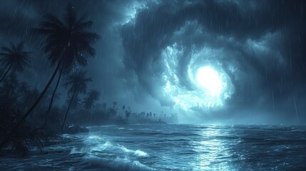 a mysterious atmosphere with a tornado storm in the ocean at night, with palm tree silhouettes creating eerie shadows.