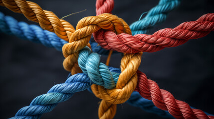 rope on a blue background, Collective Effort Integration and Unity with teamwork concept as a business metaphor for joining a partnership synergy and cohesion as diverse ropes connected, Ai generated  - obrazy, fototapety, plakaty