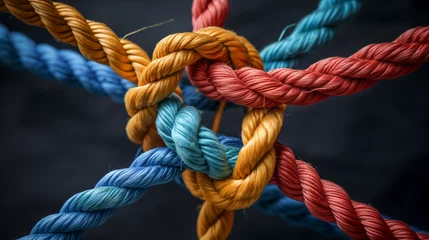 Foto op Canvas rope on a blue background, Collective Effort Integration and Unity with teamwork concept as a business metaphor for joining a partnership synergy and cohesion as diverse ropes connected, Ai generated  © PixxStudio