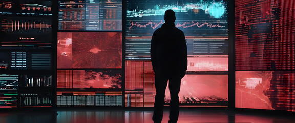 A silhouette of a person standing in front of a giant digital screen with a flow of data showing various cyber threats and vulnerabilities - obrazy, fototapety, plakaty