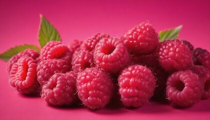 Raspberries macro close-up, pink background 