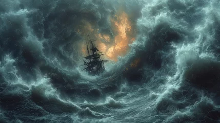 Fotobehang a tornado storm at sea with a ship bobbing amidst huge waves. © pengedarseni