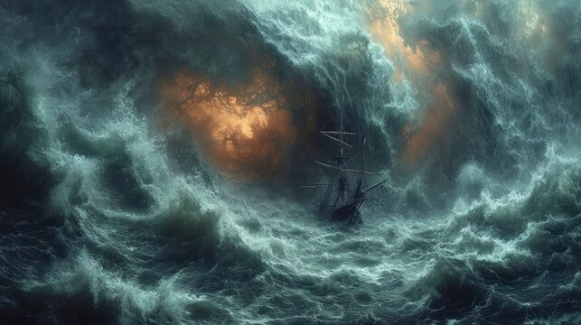 a tornado storm at sea with a ship bobbing amidst huge waves.