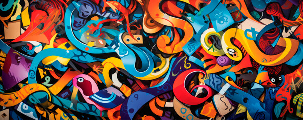 An abstract whirl of typographic forms and characters in street art. Bright crazy graffiti. Skateboarding. Dynamic graphic design. Cultural judgment. Freedom of creativity and self-expression - obrazy, fototapety, plakaty