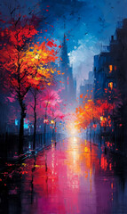 Abstract painting of a city street in autumn with colorful trees and fog.