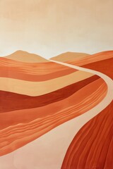 modern abstract painting with a touch of minimalist boho style for a landscape. Utilize strong geometric lines and a warm color palette, including shades of orange, beige, and terracotta