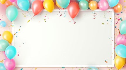 birthday balloons, confetti, placed on white backdrop with copyspace. generative AI