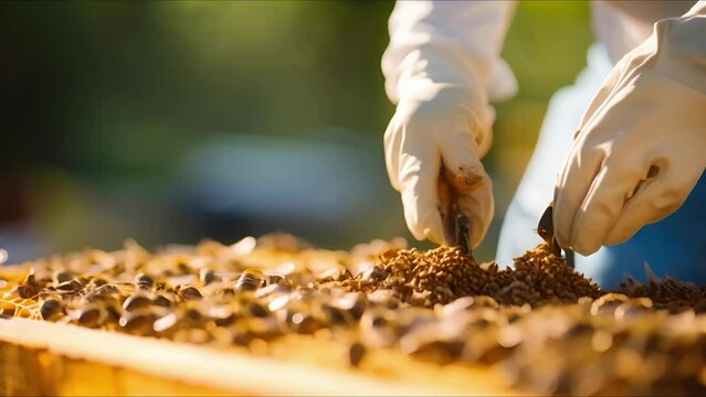 Macro shot of a beekeeper gently placing a new queen bee into the heart of a bustling urban colony.