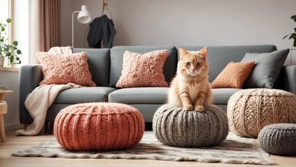a cute cat in A modern twist on traditional knitting techniques, these poufs add a touch of texture and warmth to the clean lines of a Scandinavian living room, creating a cozy and inviting space