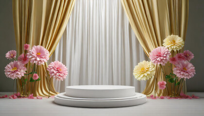 Petals and Presentation: 3D White Podium and Flower Curtain Backdrop Scene