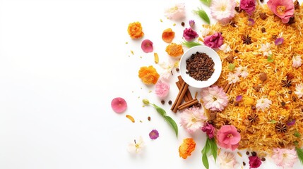 aromatic biryani and flowers on white background with space for text. Menu concept. generative AI
