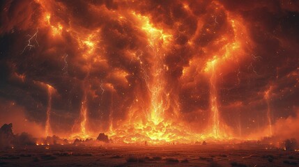 a dramatic atmosphere with sand tornadoes in the desert at night, illuminated by fiery lightning bolts.