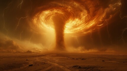 The sky was dark with thunder rumbling, as a sand tornado crossed the desert. - obrazy, fototapety, plakaty
