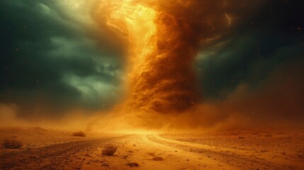 The sky was dark with thunder rumbling, as a sand tornado crossed the desert. - obrazy, fototapety, plakaty