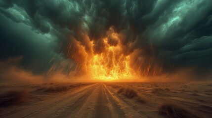 Fototapeta premium The sky was dark with thunder rumbling, as a sand tornado crossed the desert.