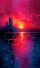 Abstract painting of cityscape with sunset in the background, digital painting.