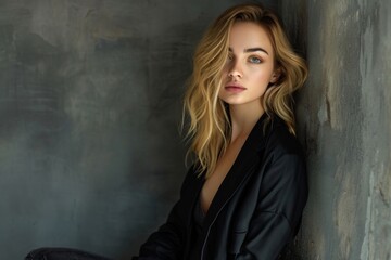Fototapeta premium Seductive And Sophisticated: Stunning Portrait Of A Young Woman In A Black Jacket