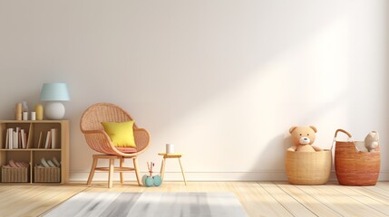A cozy children’s room with a rattan chair, bookshelf, and teddy bear in a basket. The room has a wooden floor and a white wall with a window letting in natural light.