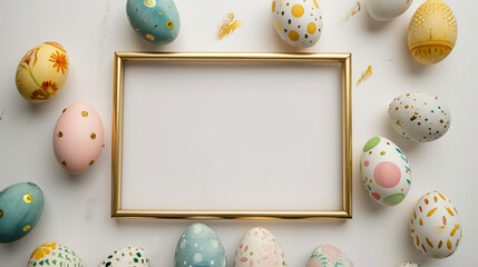 Colorful easter egg with empty golden frame on White background 