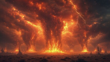a dramatic atmosphere with sand tornadoes in the desert at night, illuminated by fiery lightning bolts.