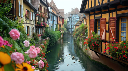 Houses on a picturesque canal in a charming European town, showcasing medieval architecture,...