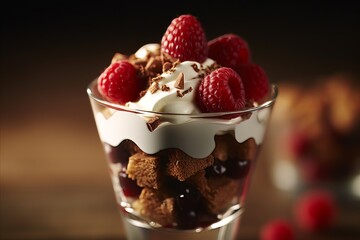 Miniature vase dessert with ice cream, chocolate, fresh fruits, and drizzled caramel delight