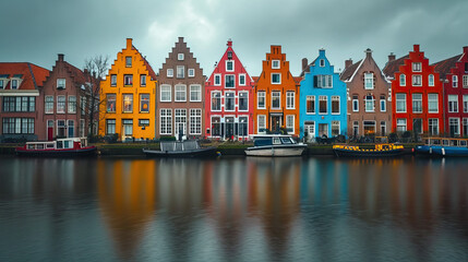 Colorful house European Cityscape with Canals, Old Buildings, and Charming Streets