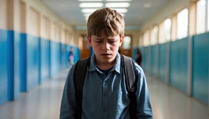 Upset student boy at school corridor, bullying concept. AI generated