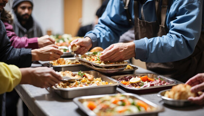 Volunteers are serving meal to homeless. AI generated - Powered by Adobe