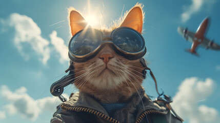 Cat wearing Aviators under a Plane in the Sky - obrazy, fototapety, plakaty