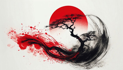Chinese ink landscape with tree and sun. AI generated
