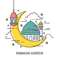 Aesthetic vector illustration for the celebration of the holy month of Ramadan kareem, designed with line art. Suitable for greeting cards, invitations, social media posts on the Radaman Kareem theme.