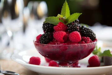 Miniature vase dessert with chocolate, fruits, and caramel served alongside a scoop of ice cream