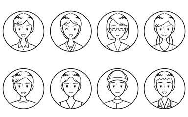 部活動・クラブ活動のユニフォームを着た中学生・高校生の男女　丸いアイコンセット　線画