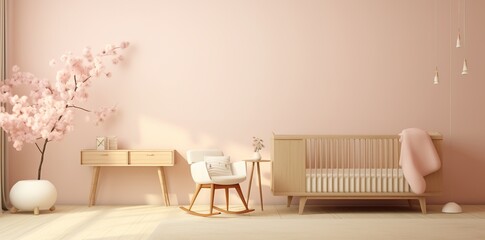 a minimalistic pink room with a cherry blossom tree in a white vase, a wooden desk and crib, and a white rocking chair with a pink blanket.