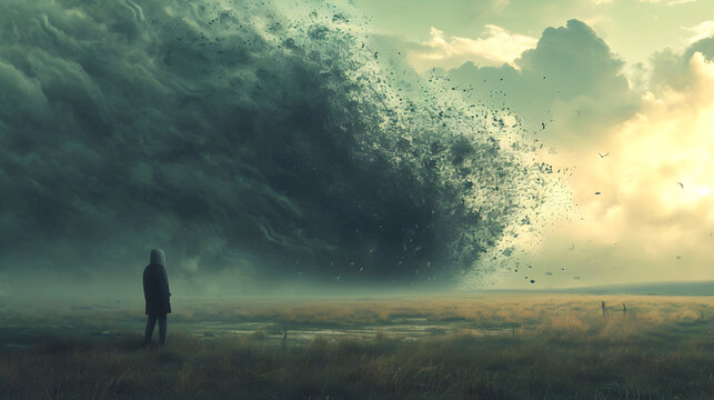 Dramatic Storm Cloud Approaching Man in Grass,  The power of time