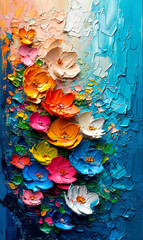 Abstract background, oil painting on canvas, multicolored flowers.