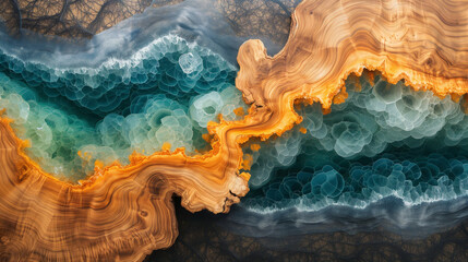 Obraz premium Abstract wood and colored epoxy resin texture background. Captivating image for printing. Contemporary art. Intricate details. Rich colors
