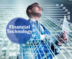 Businesswoman with laptop in financial technology fintech concep