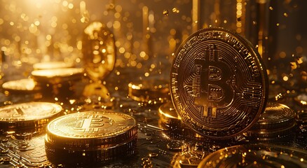 Gold Bitcoin Cryptocurrency wallpaper.  Cryptocurrency mining. Digital currency wallpaper generated by ai