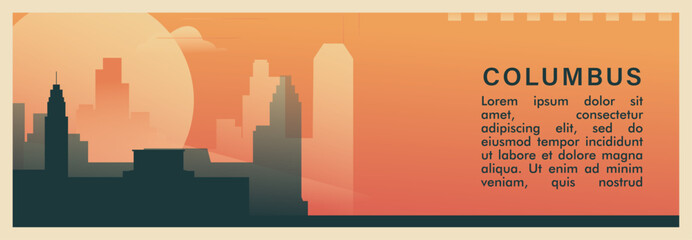 Columbus city brutalism vector banner with skyline, cityscape. USA Ohio state retro horizontal illustration. United States of America travel layout for web presentation, header, footer