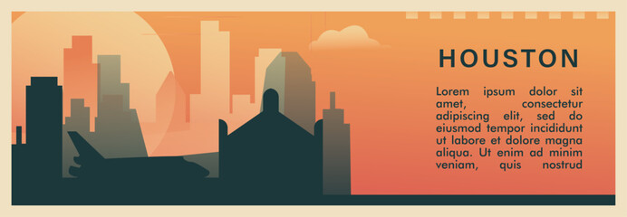 Houston city brutalism vector banner with skyline, cityscape. USA Texas state retro horizontal illustration. United States of America travel layout for web presentation, header, footer