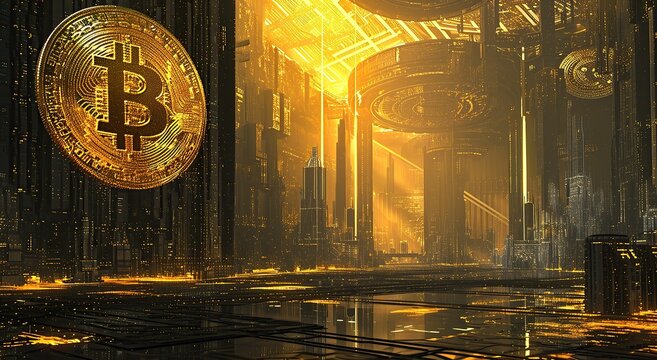 Gold Bitcoin Cryptocurrency wallpaper.  Cryptocurrency mining. Digital currency wallpaper generated by ai