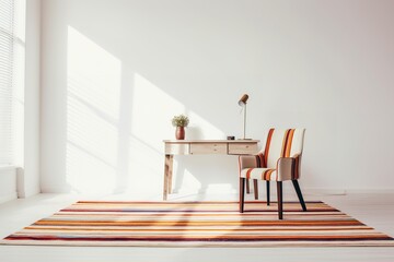a minimalist home office setup with a wooden desk and chair against a white wall. The desk has a lamp and a cup of coffee on it. A plant and a lantern are on the floor next to the desk.