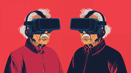 Old men with mustaches wearing virtual reality VR headsets, elderly using modern technology concept