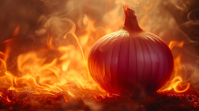 An artistic portrayal of a half-sliced onion silhouette with the layers distinct and highlighted by the contrasting fiery glow behind, representing the complexity of flavors released during cooking,