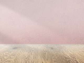 ピンクの壁とナチュラルで木目の床の背景画像素材、淡い影が入った壁とフローリングのバックグラウンド